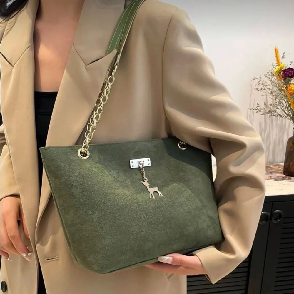 ⚠️Clearance Chain Shoulder Elegant Green Suede Tote Bag with Gold Chain - Picture 5 of 9
